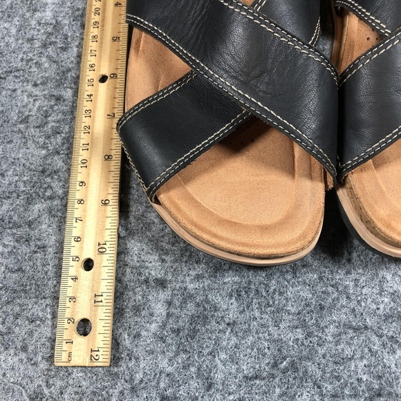 Clarks Sandals Womens 8.5 M Black Leather Slingback Cork Wedge Comfort Shoes - Picture 11 of 16